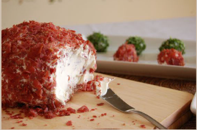 Cream cheese ball coated with shredded dried beef