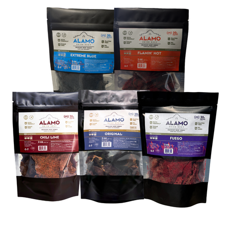 SNACK- Carne Seca/Crunchy Beef Jerky 5 bags of 2oz. Original , Chili Lime, Fuego, Flaming Hot, Extreme Blue