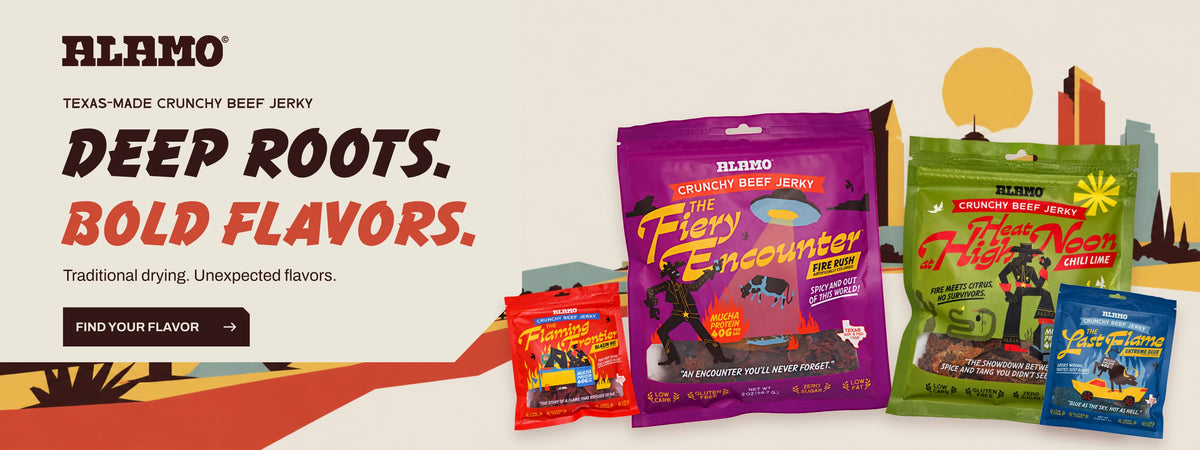 Alamo Protein crunchy beef jerky. Deep roots. Bold flavors. Fire Rush, Chili Lime, Blazin Hot and Extreme Blue.
