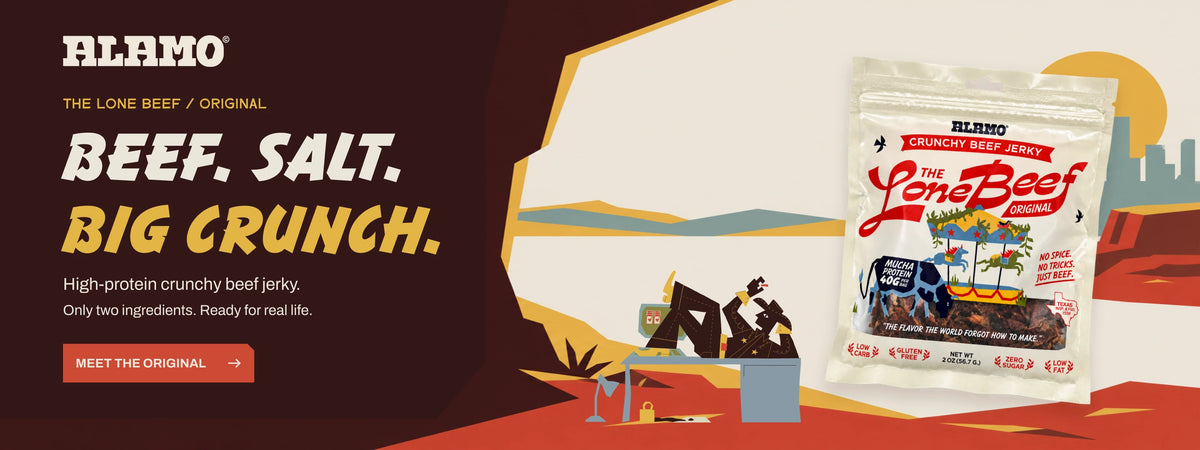 Alamo Protein Original crunchy beef jerky. Beef. Salt. Big Crunch. Only two ingredients.